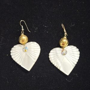 Gold & White Heart Drop Earrings - Pearlized Resin Hearts with Gold Beads